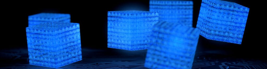 Blue blocks with numbers and codes inside on dark background