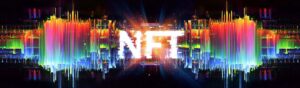 Abstract digital art featuring the word 'NFT' in bright colors with a mirrored glitch effect