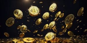 Rain of golden bitcoin coins on a dark background