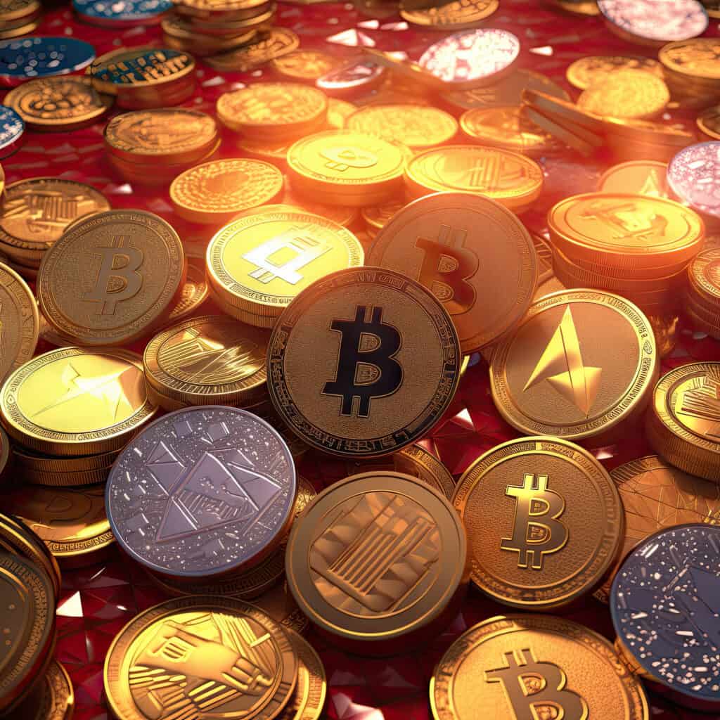 A pile of bitcoins and other cryptocurrencies