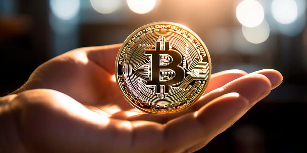 person holding a physical Bitcoin coin