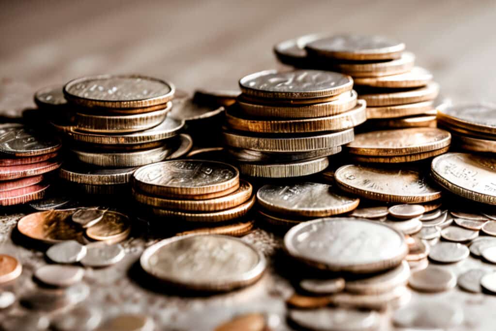 Pile of penny crypto coins on wooden table