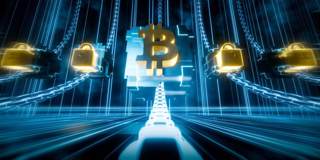 blockchain representation with golden bitcoin and padlock