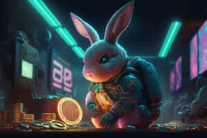 3D Space Suit Determined Cute Battle Bunny Rabbit in Metal Armor Suit Surrounded by Crypto Coins and Tokens, Cinematic Lighting