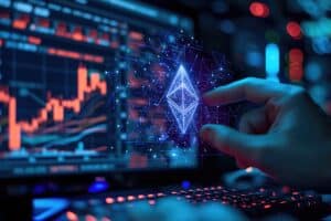 A conceptual image of a hand reaching out , holding a Ethereum, blending digital and real worlds