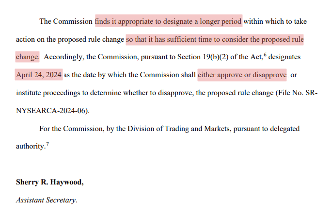 A highlighted excerpt of the SEC’s filing which cites needing “sufficient time” to decide on allowing Bitcoin ETF options trading. Source SEC