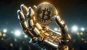 robot hand holding bitcoin