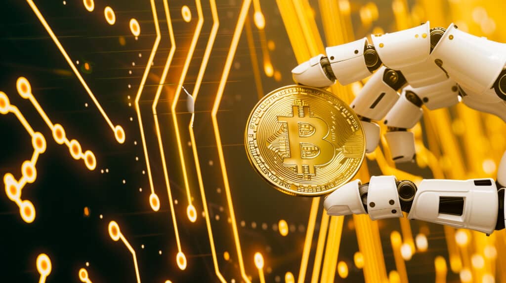 Robot hand holding Bitcoin