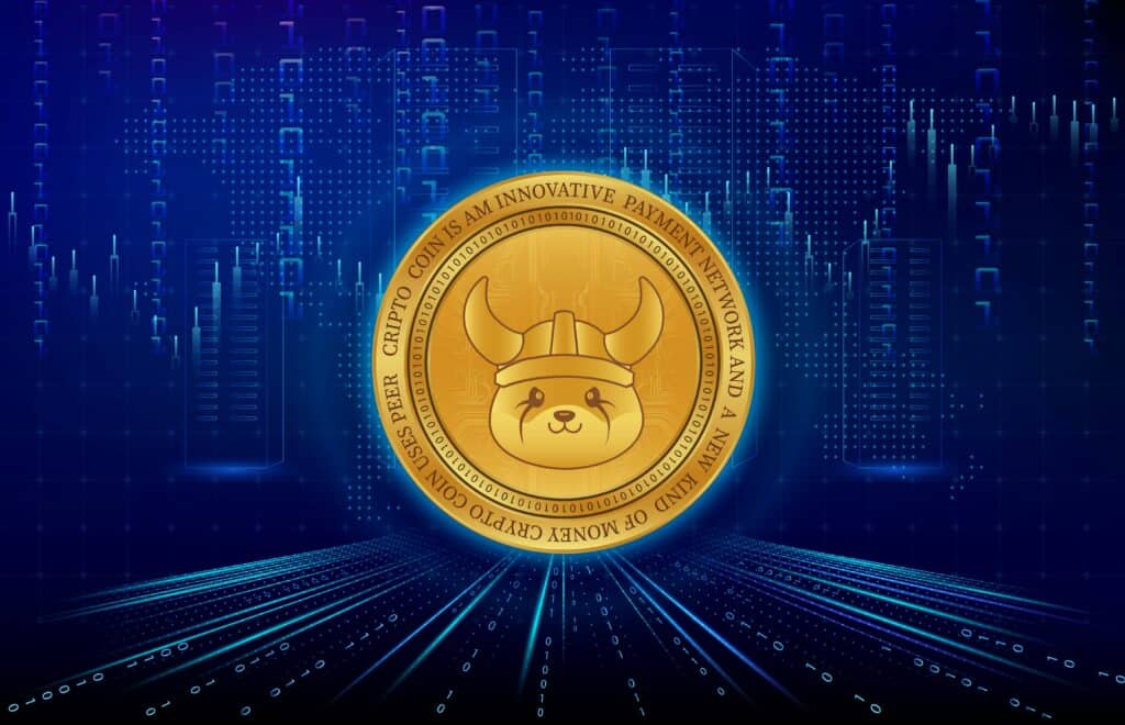 an image of the floki coin virtual currency on a digital background. 3d illustrations.