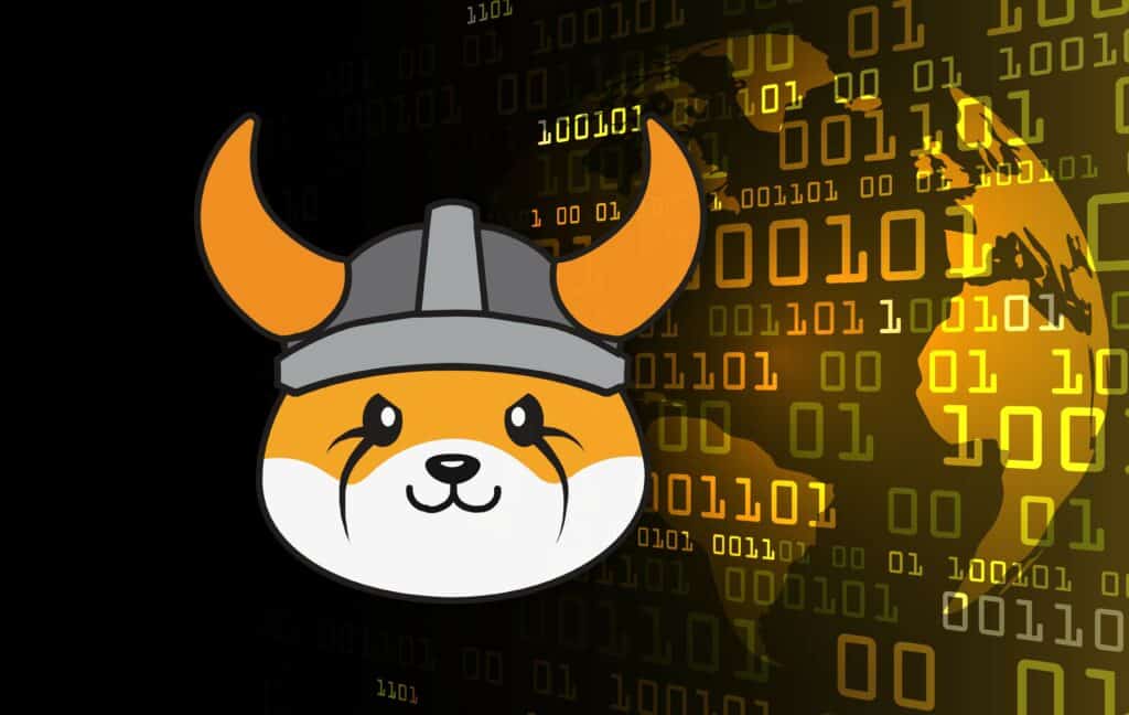 an image of the floki coin virtual currency on a digital background. 3d illustrations.