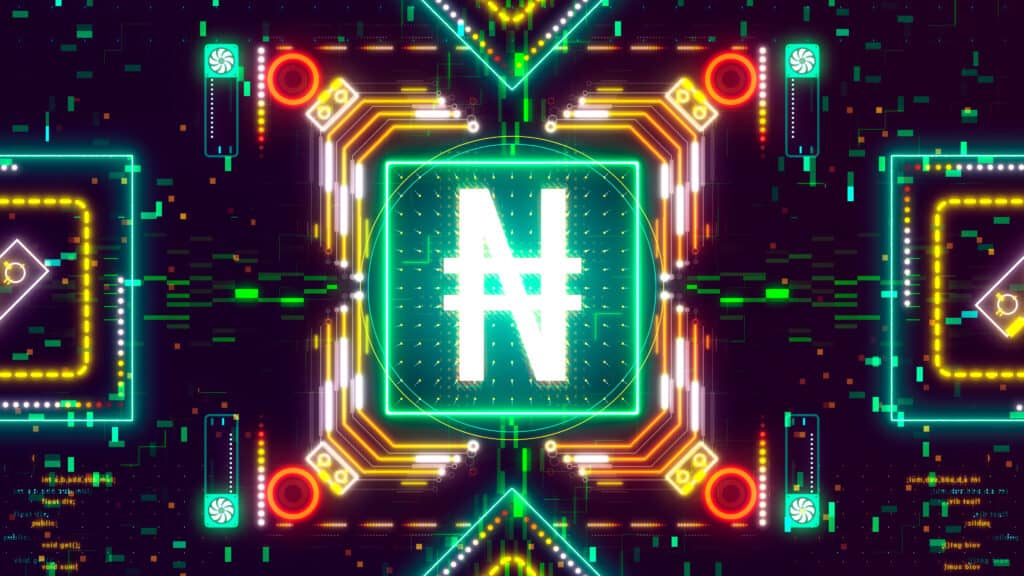 Nigerian naira currency symbol on digital background