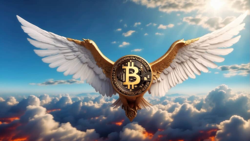 A Bitcoin flies above the clouds with big wings