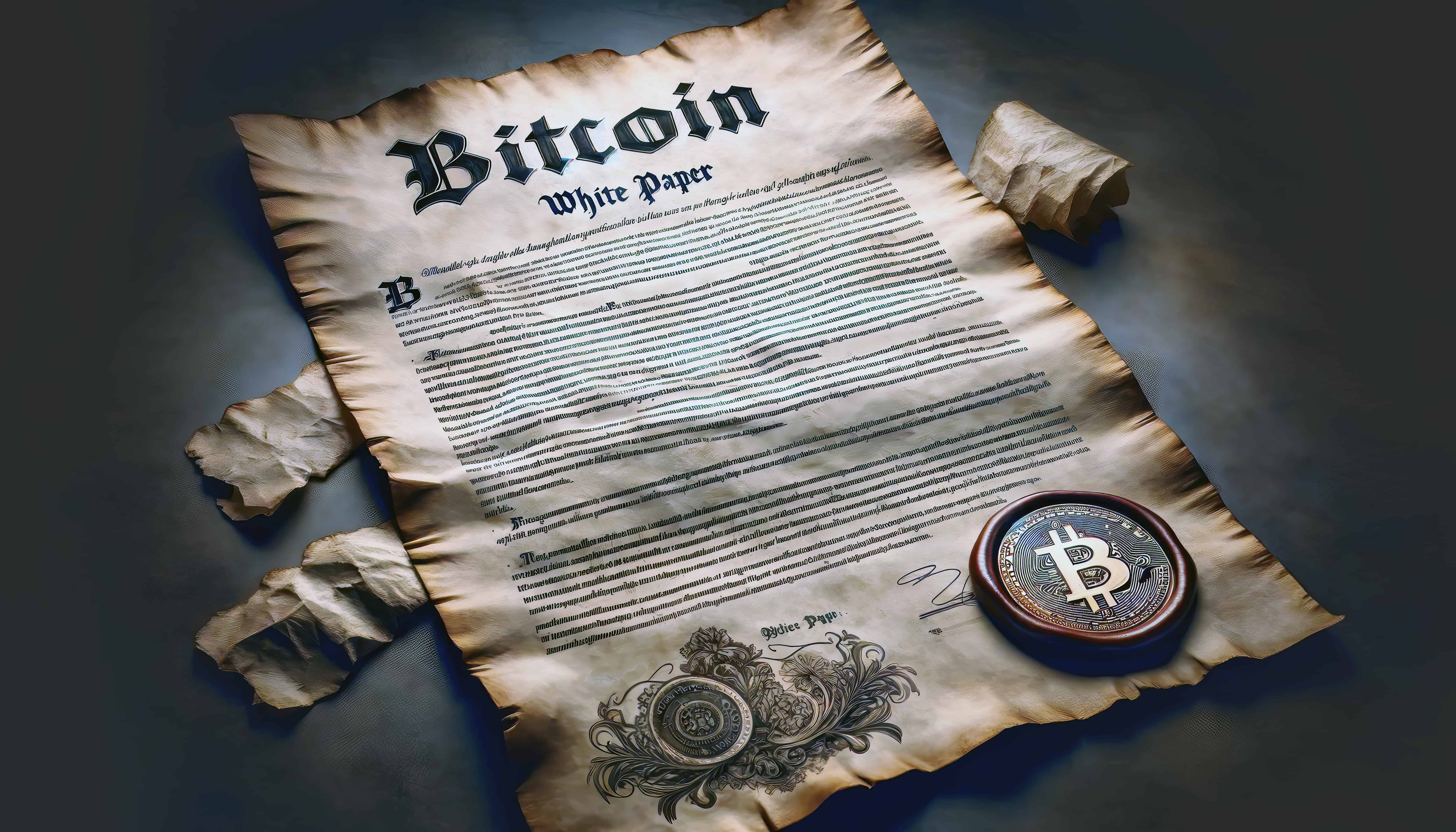 Bitcoin white paper in old fashioned style with bitcoin symbol stamped