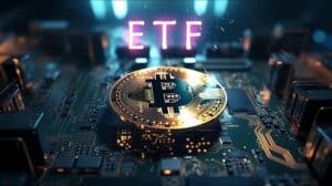 Bitcoin coin with ETF text captions on top, concept the digital money fund, Generative AI illustrations.