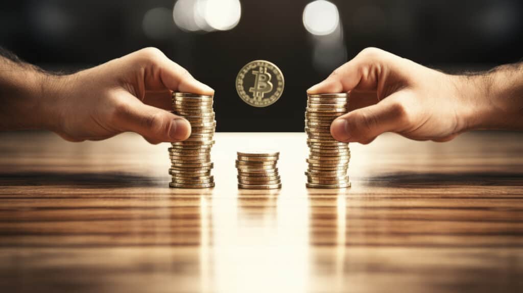 hands of investor or businessman holds stacks of bitcoin