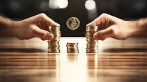 hands of investor or businessman holds stacks of bitcoin