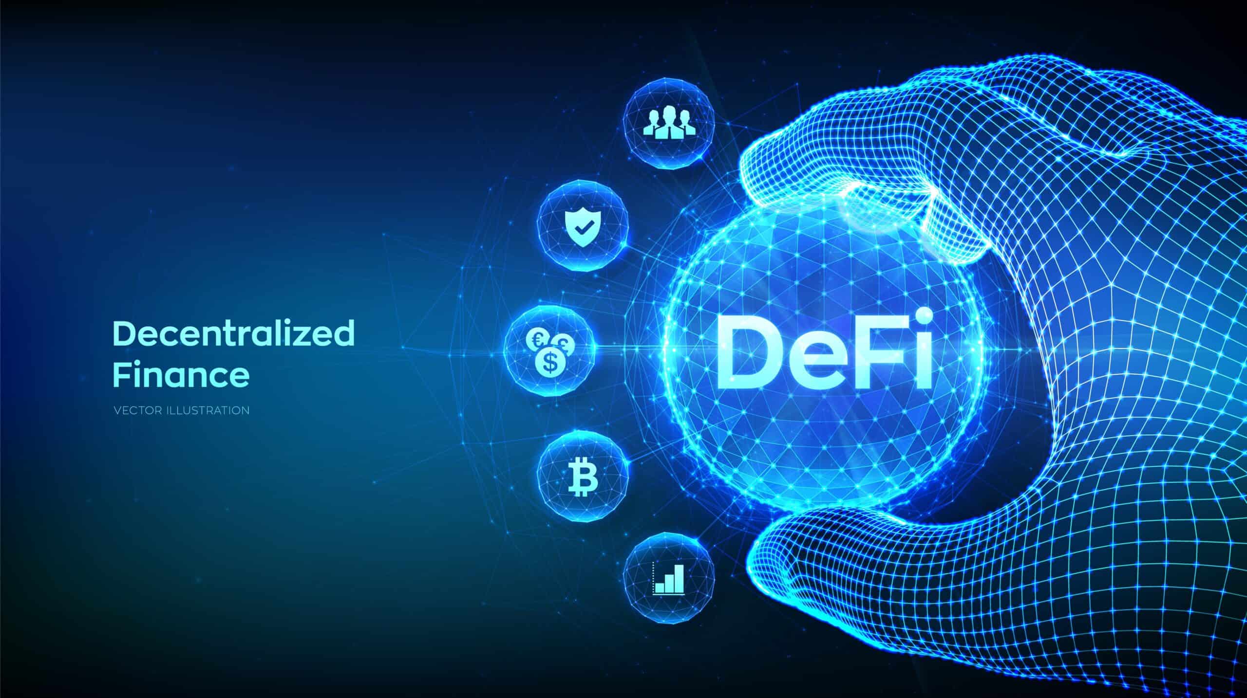 DeFi. Decentralized Finance. Blockchain, decentralized financial system in the shape of polygonal sphere in wireframe hand. Business technology concept on blue background. Vector illustration.