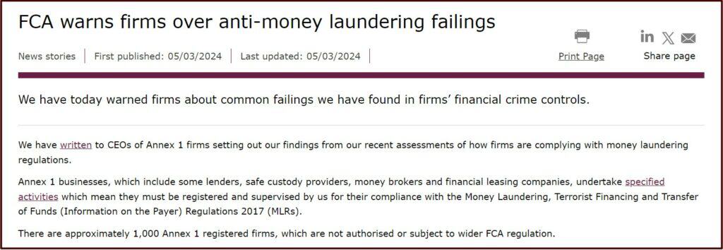 FCA warns firms over anti-money laundering violations