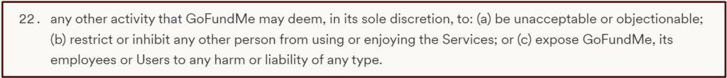 GoFundMe terms and conditions number 22
