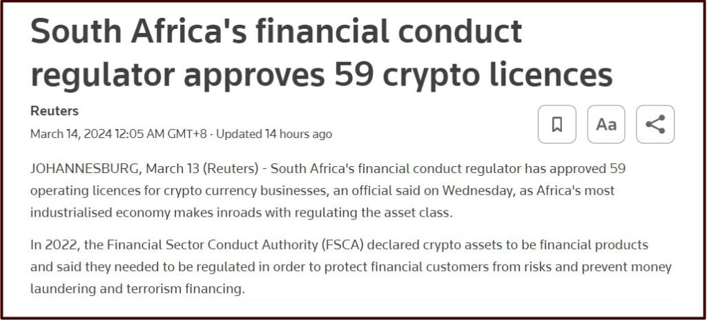 Reuters news South Africa approves 59 crypto licenses