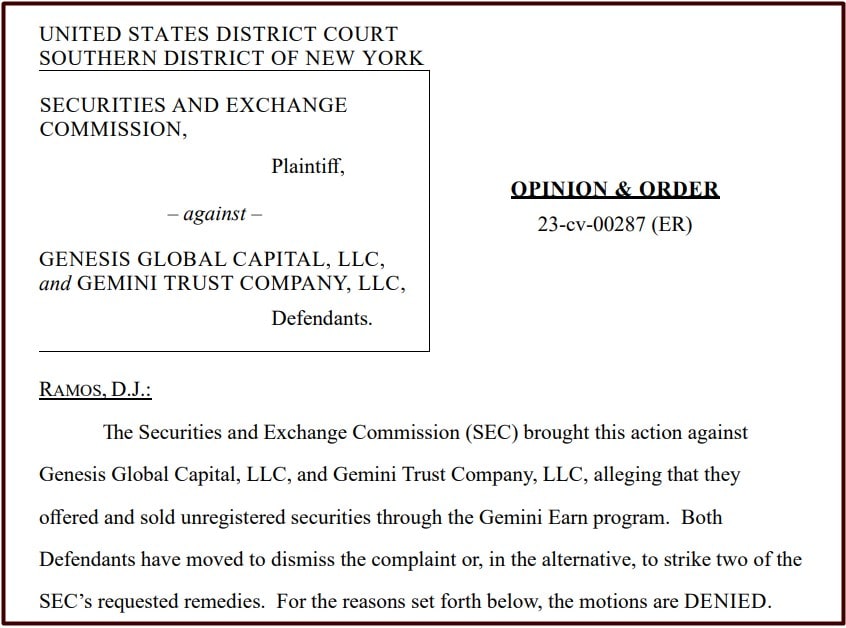SEC vs Genesis and Gemini
