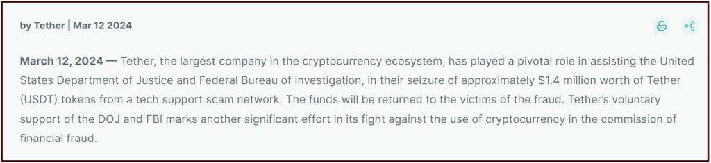 Tether assisting US DOJ and FBI