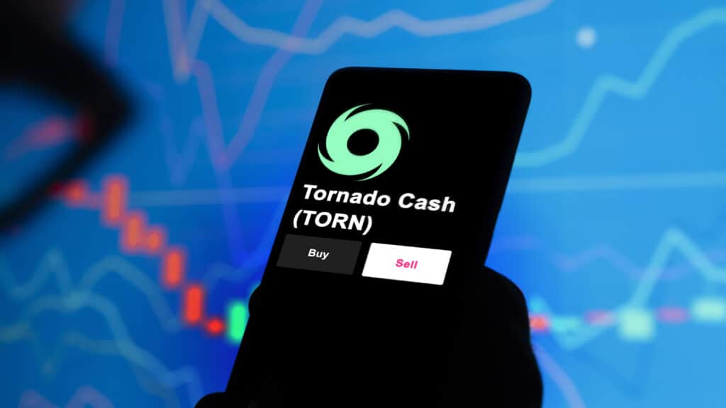 An investor's analyzing the Tornado Cash TORN coin on screen