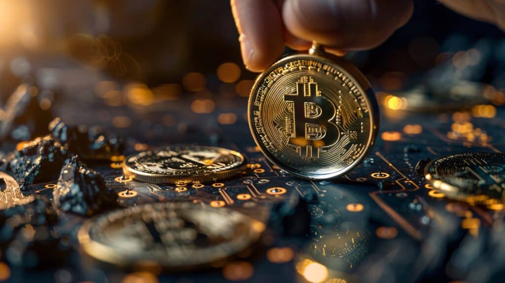A Bitcoin detective with a magnifying glass inspecting lines of code for clues in solving digital currency mysteries