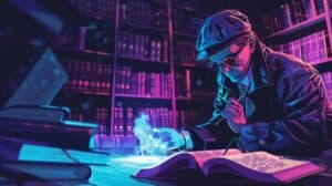 A detective investigating a case of crypto fraud, with legal books and digital clues.