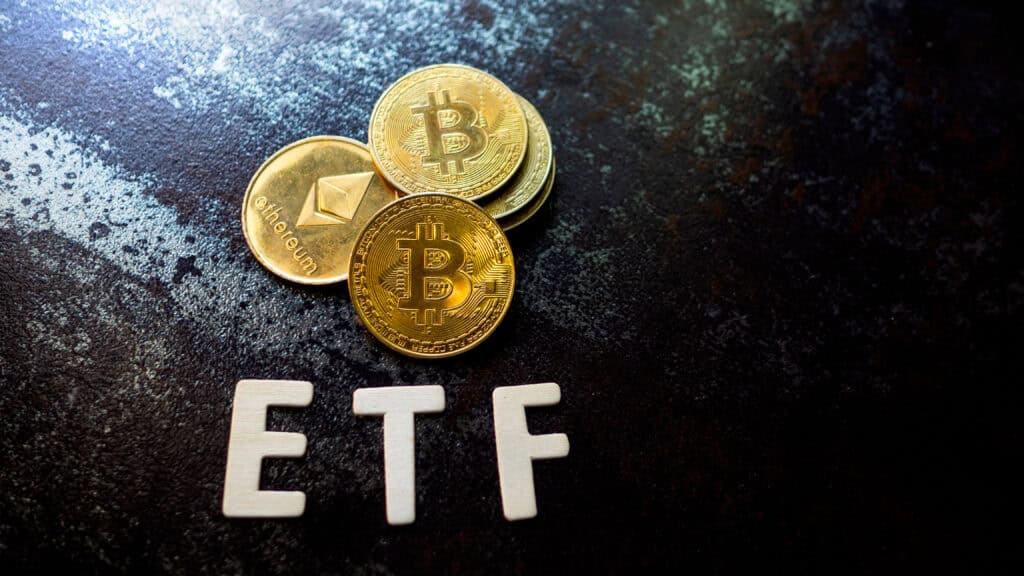 Bitcoin coin with ETH. and ETF text Put on dark background, Concept Entering the Digital Money Fund.