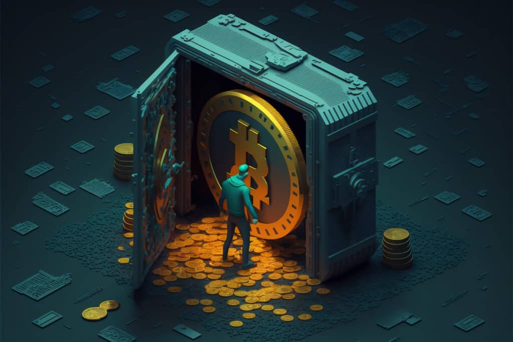 Bitcoin cryptocurrency stored in a vault wallet with a person accessing it.