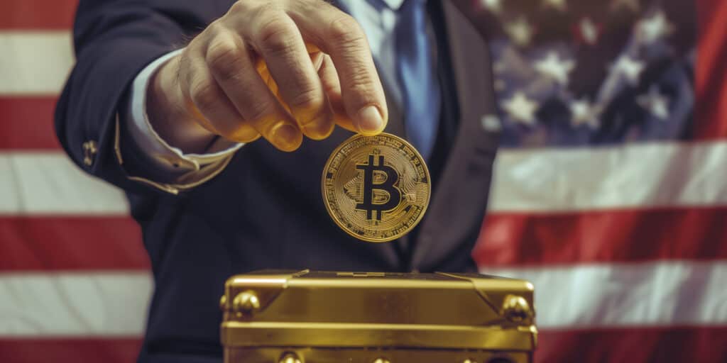 Businessman holds a Bitcoin with the American flag in the background, symbolizing economic progress