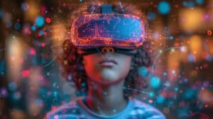 Girl wearing virtual reality goggles. Future technology concept.