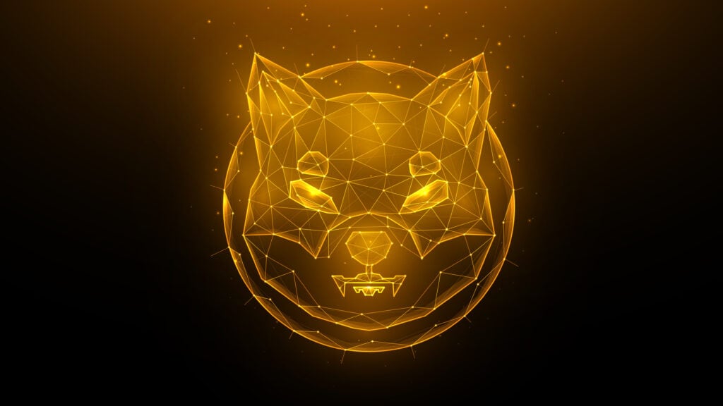 Golden Shiba inu polygonal illustration on a black background.