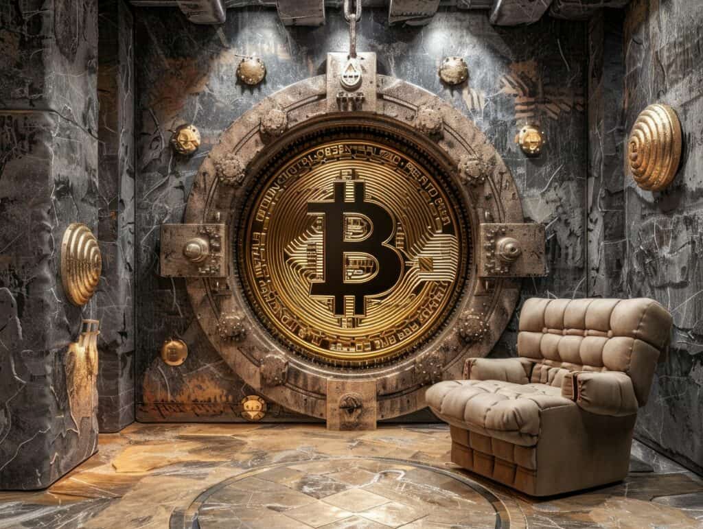 Inside a fortified vault, a lone bitcoin gleams as the centerpiece, symbolizing the treasure of the digital era
