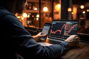 Investor using mobile phone and laptop checking trade market data.