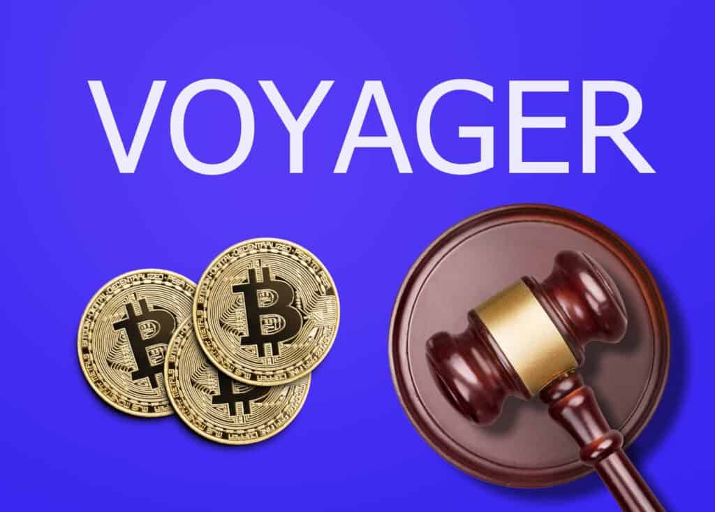 Judge's gavel and crypto coins in front and Voyager Digital Ltd company logo