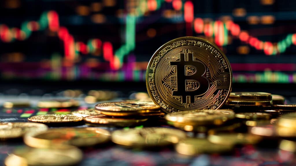 Some Bitcoin Symbols and Gold Coins Displayed in Front of Stock Charts.