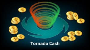 Tornado Cash banner in isometric view with Bitcoin BTC coins and text on dark background.