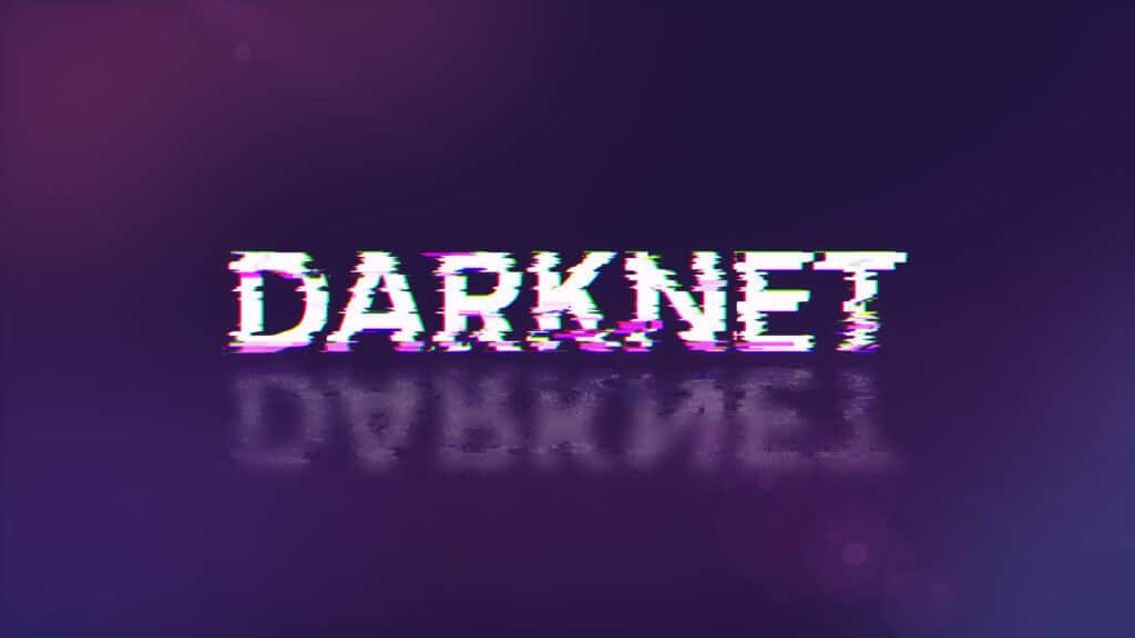3D rendering darknet text with screen effects of technological glitches
