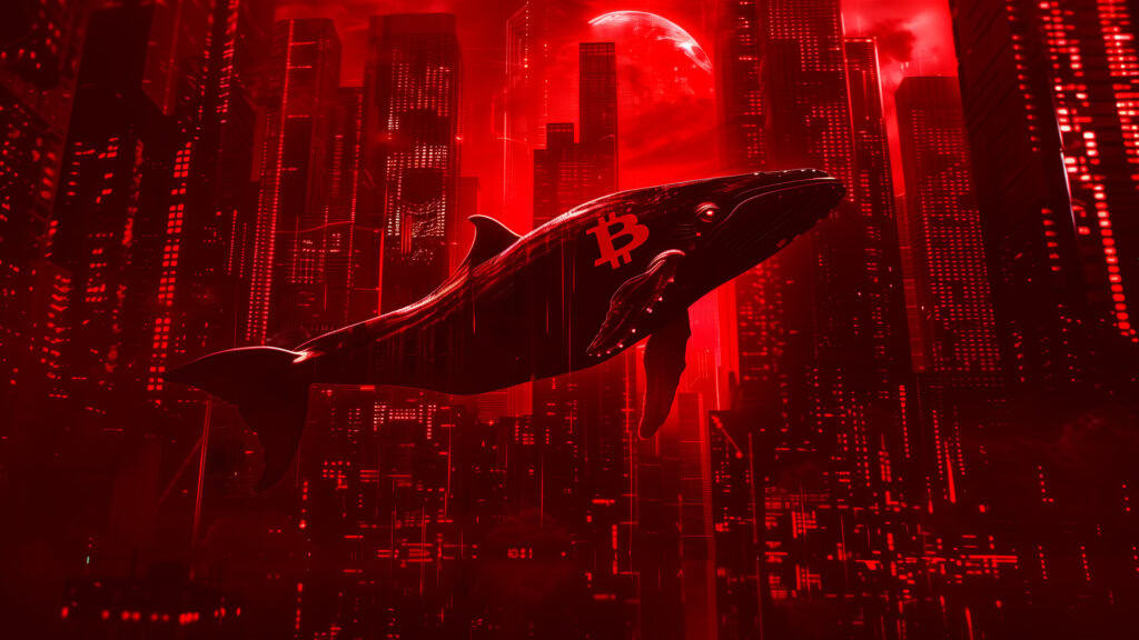 Bearish Crypto Whale flying in the air in an urban city with a Bitcoin sign.
