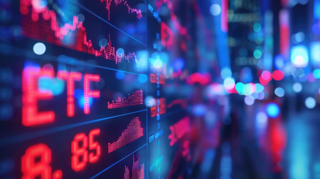 ETF glowing text on blurred background.