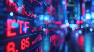 ETF glowing text on blurred background.