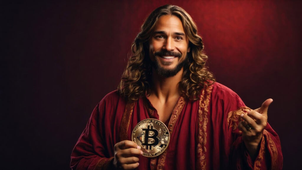 Happy Jesus Christ with a Bitcoin in his hand