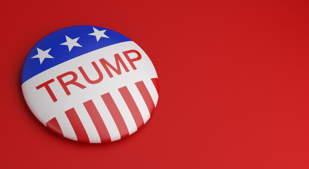 Vote election campaign badge button Trump on red background.