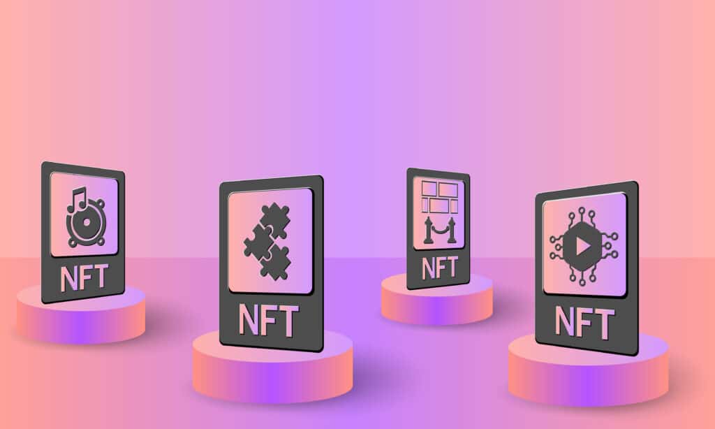 NFT, concept vector illustration of non-fungible tokens. NFT card on podium for banner, poster, website, landing page, advertisement.