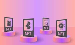 NFT, concept vector illustration of non-fungible tokens. NFT card on podium for banner, poster, website, landing page, advertisement.