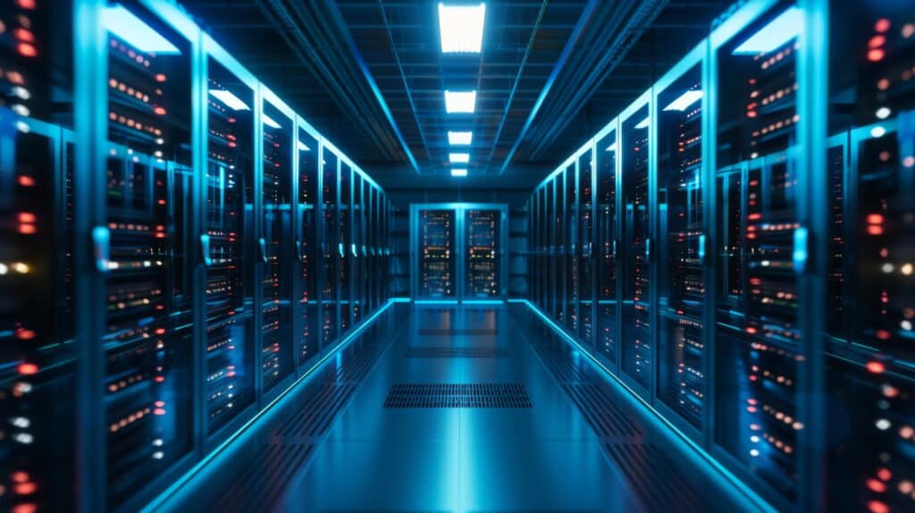 Row of Servers in Long Hallway