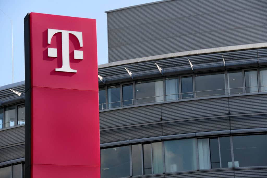 Sign at the entrance to headquarters of Deutsche Telekom AG in Bonn, Germany
