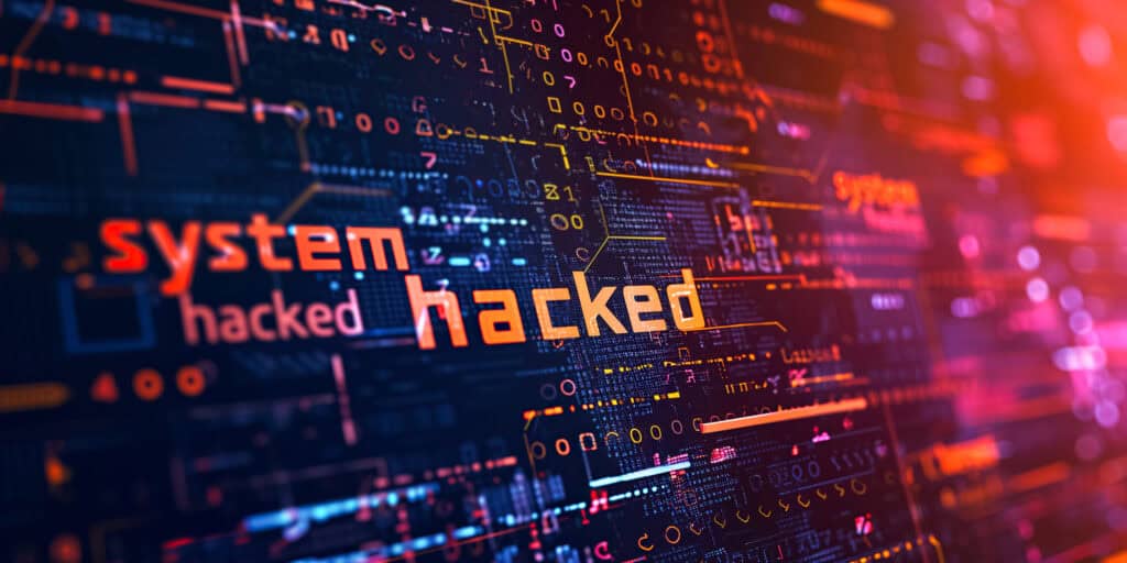 System hacking with info message. Background with a code on a blue background and a virus warning.